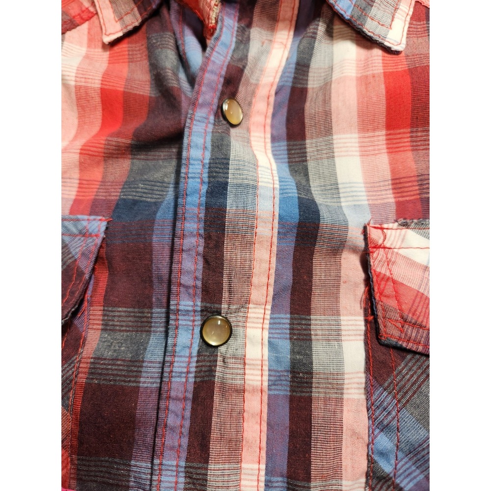 Ditch Plains Pearl Snap Men's Size L Shirt Red Blue Plaid Short Sleeve Cowboy - Picture 5 of 7